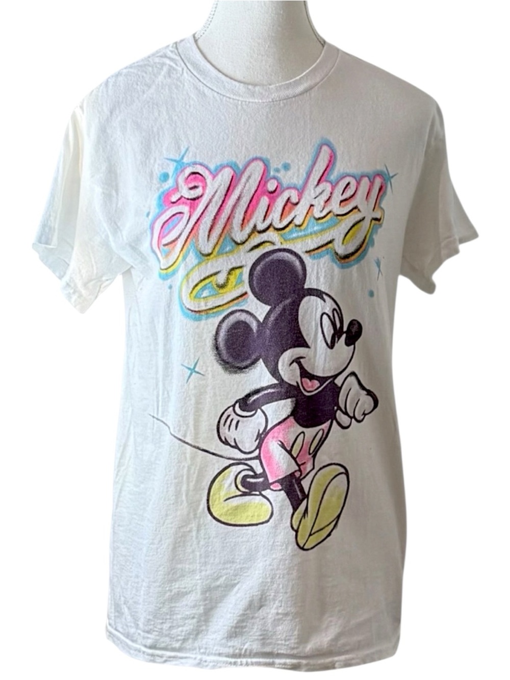 Disney Mickey Mouse Airbrush Graphic T Shirt Womens Small White Cotton Retro